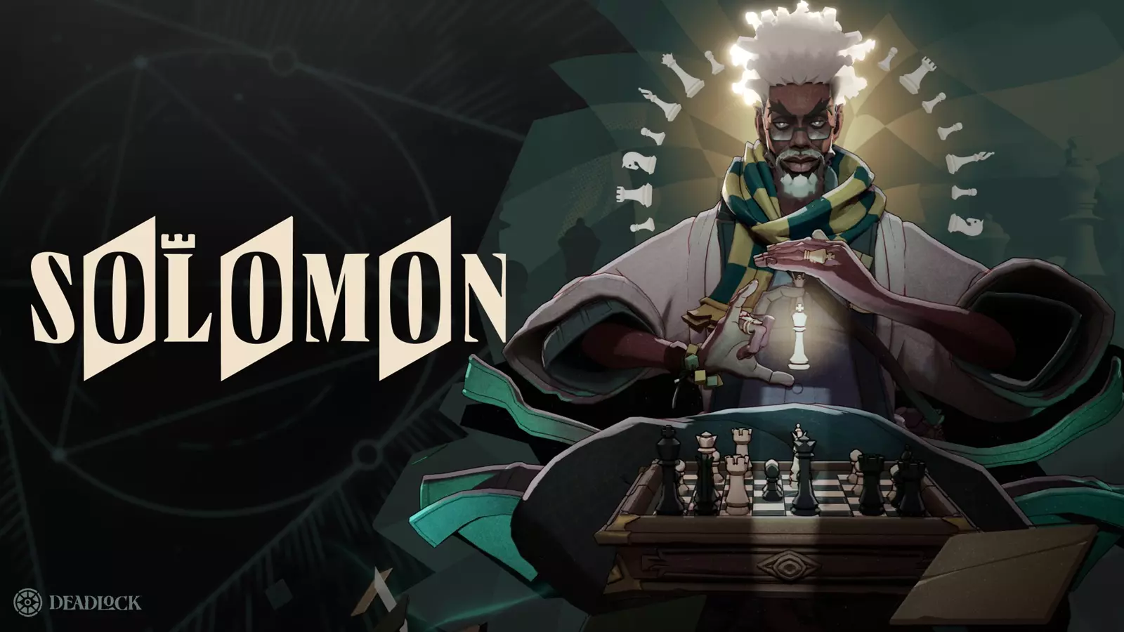 Solomon promotional artwork showing the hero holding a glowing chess piece above a chessboard